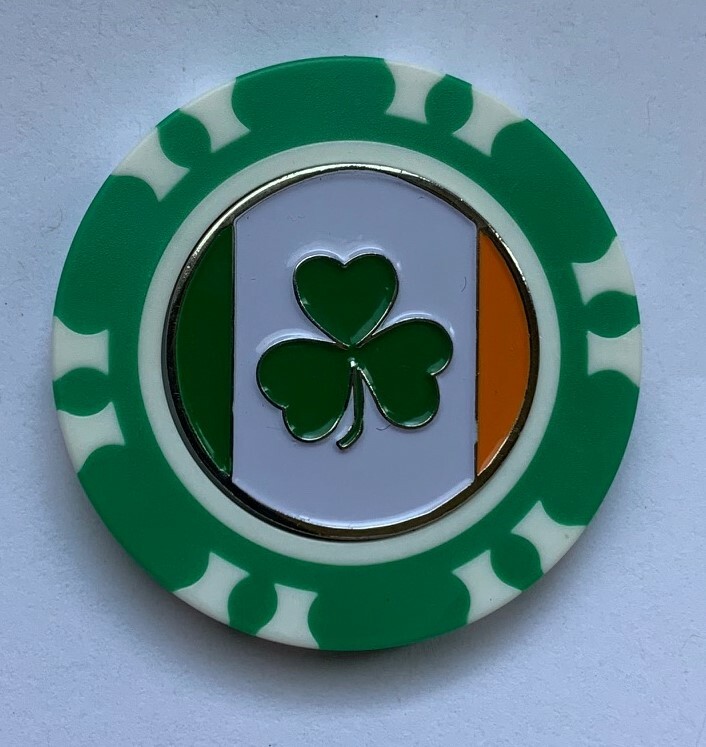 Ireland Flag Lucky Clover Golf Ball Marker with Magnetic Green White Poker Chip