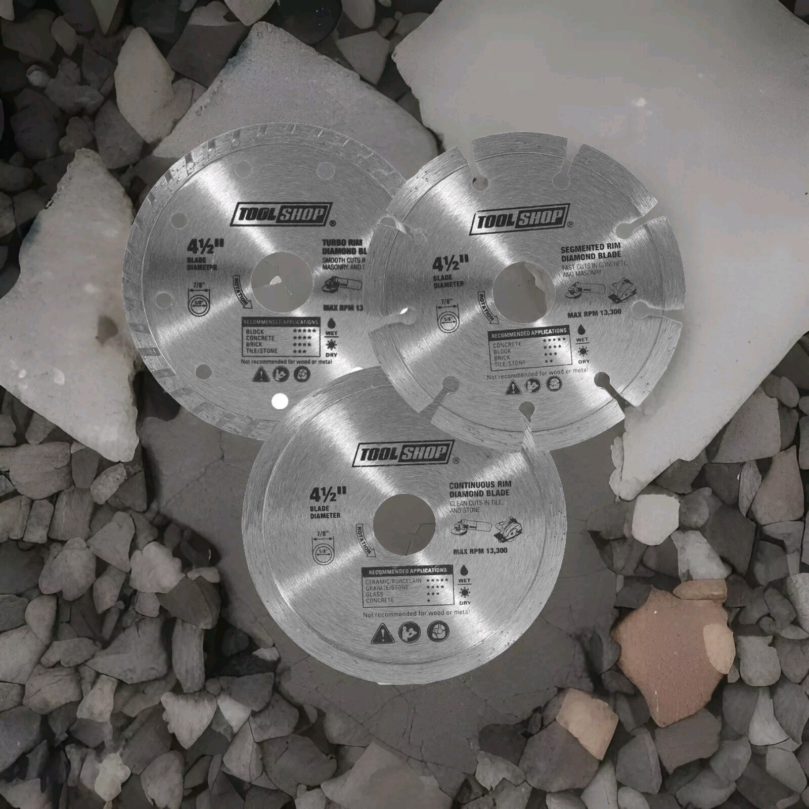 3 Diamond Blades, 4-1/2", Segmented, Turbo and Continuous for Tile, Concrete