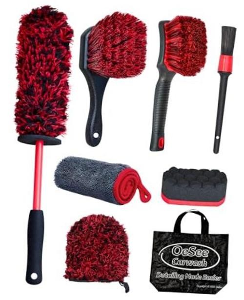 8PCS Wheel Cleaning Kit with Microfiber Brush & Rubber Grip Tire Red & Black