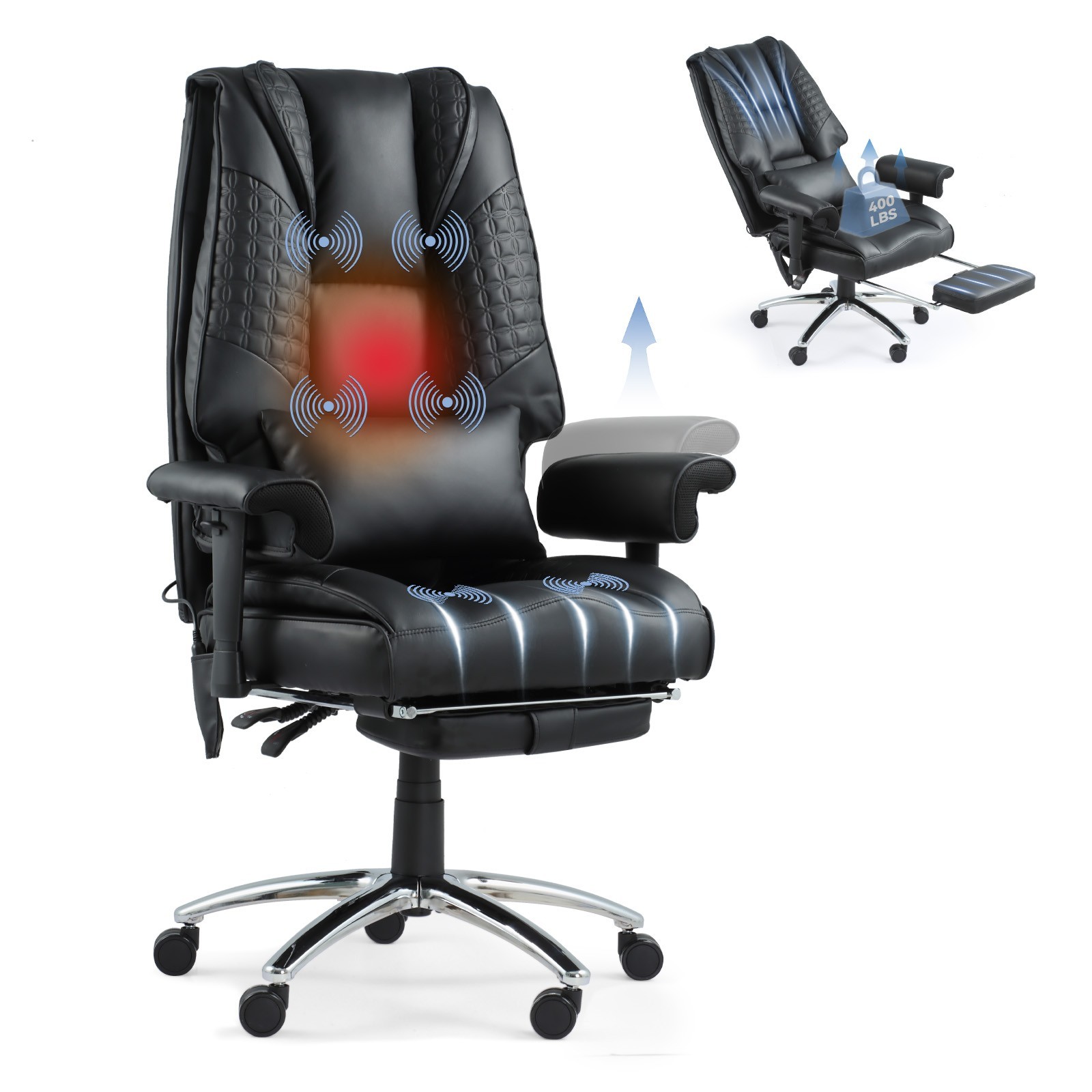 Big and Tall Office Chair with 6 Point Massage & Heating, Reclining Office Chair