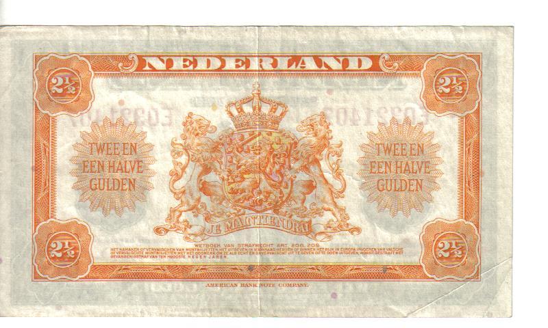 NETHERLANDS, 2-1/2 GULDEN, Queen @ ctr, 1943