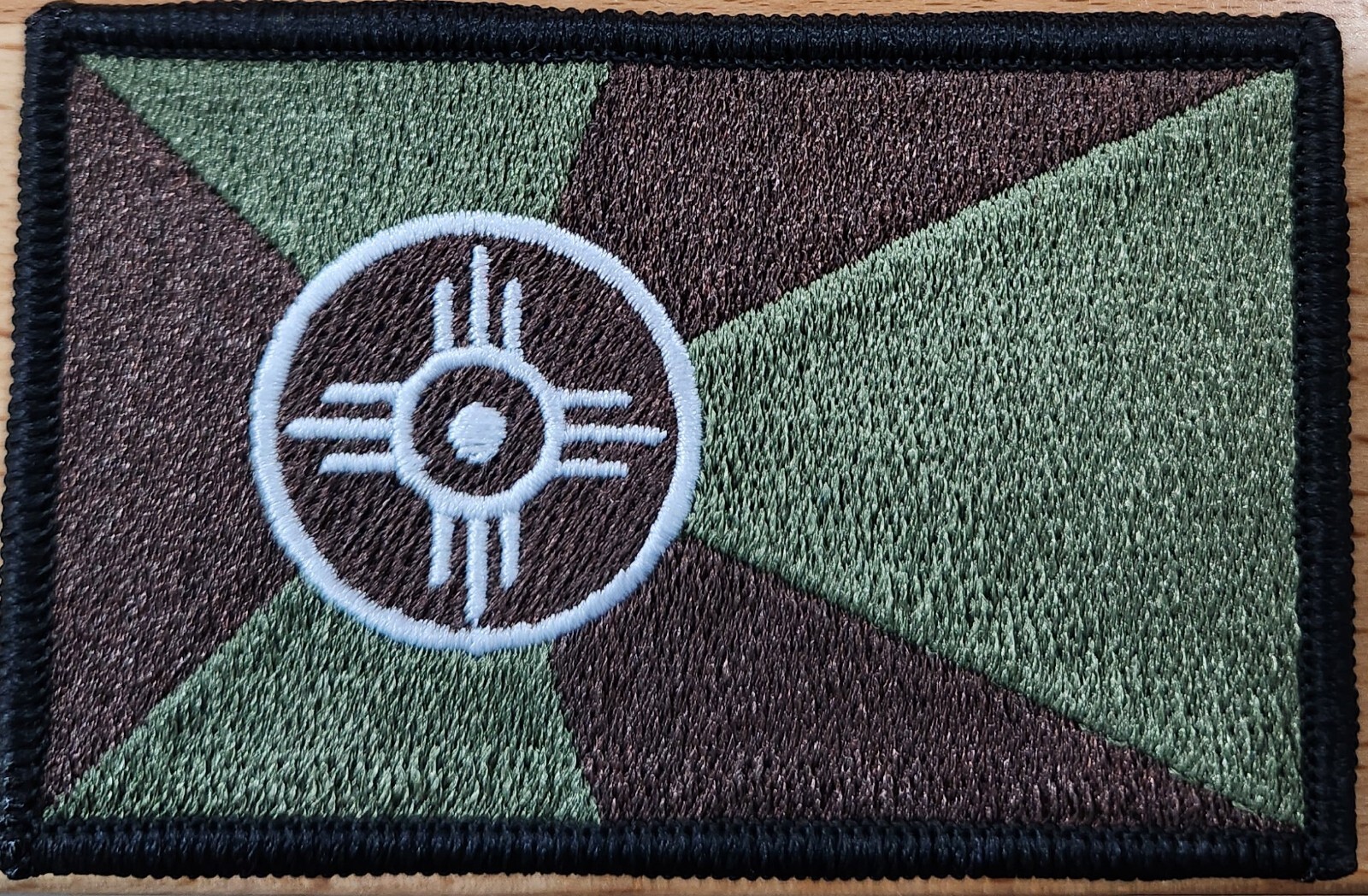Wichita Kansas Flag Patch W/ Hook & Loop Olive, Brown & White. Black Border