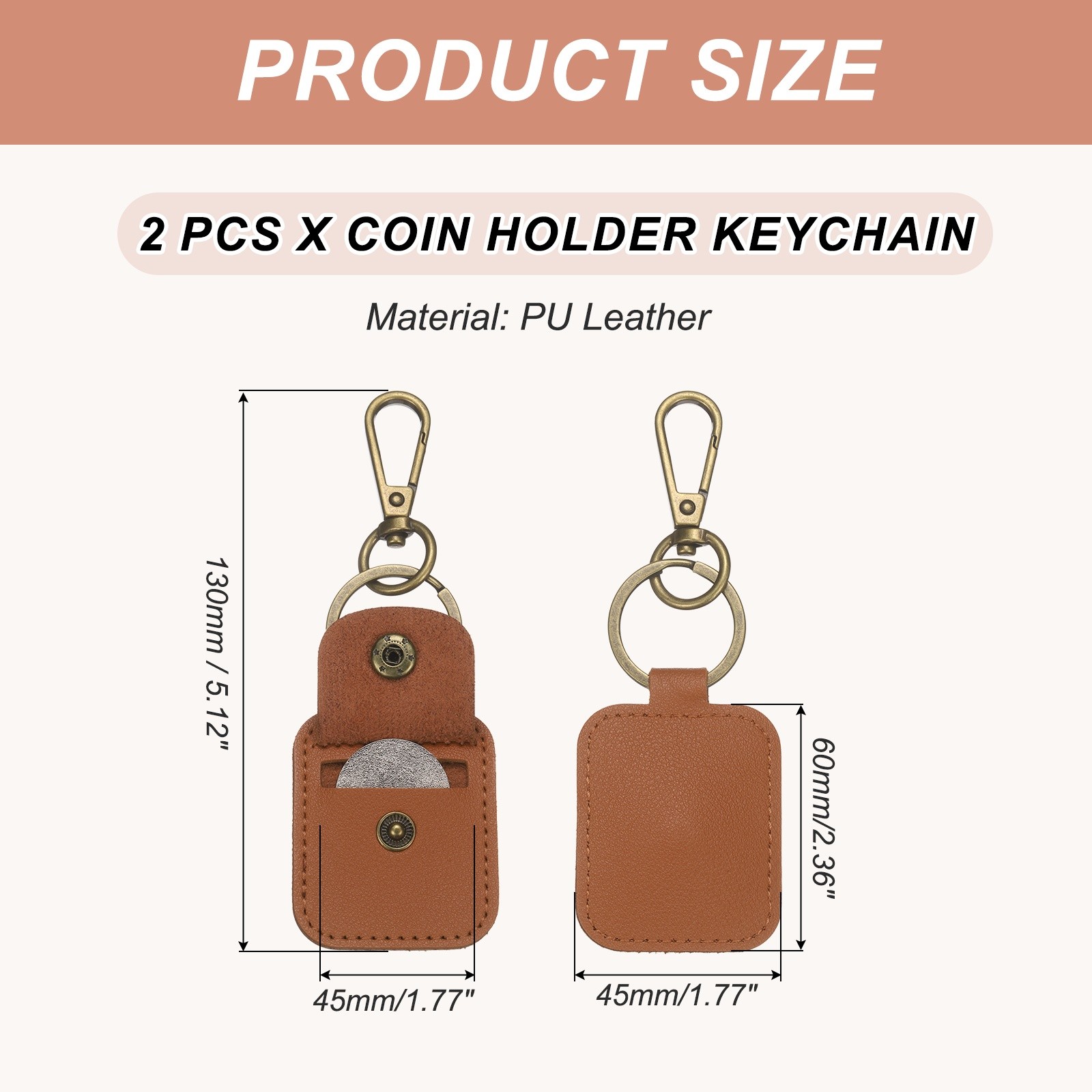 2 Pack Quarter Leather Keychain, PU Leather Key Ring Coin Case, Brown