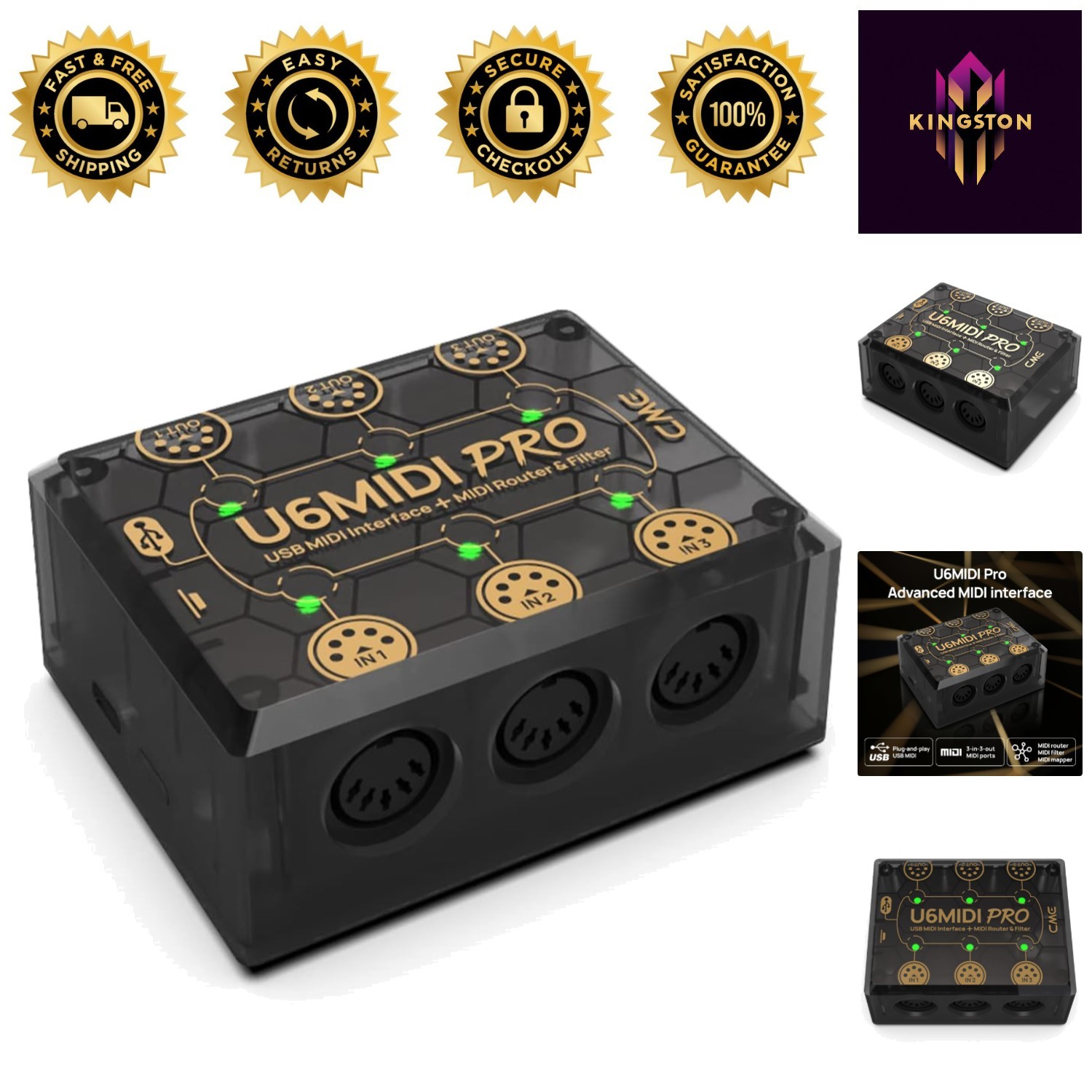 Professional USB-C MIDI Interface with 3-in-3-out Capability - Compact Design