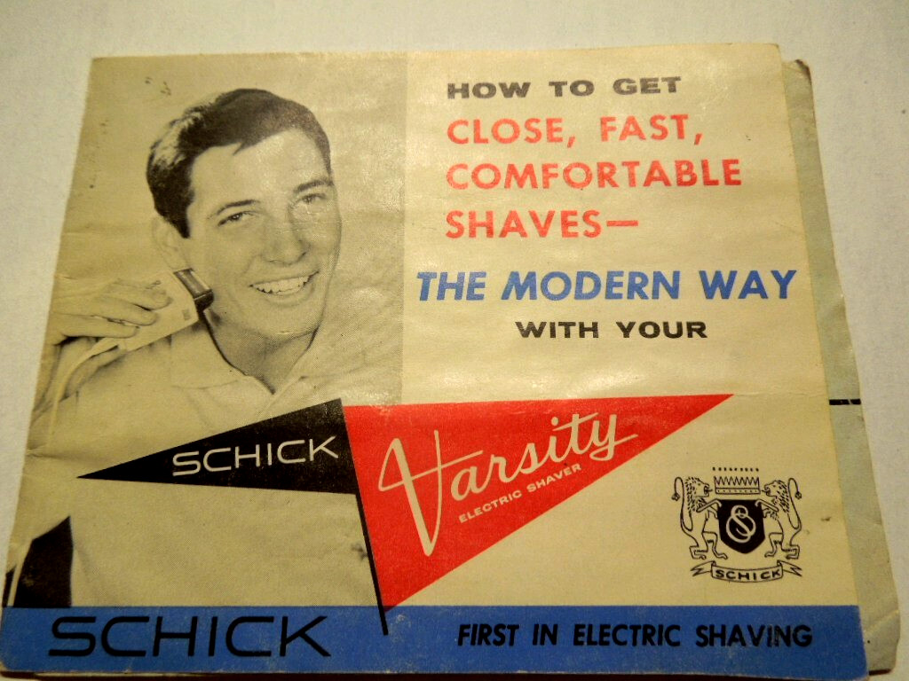 Original Vintage  4 1/4"  X 4" Schick Varsity Electric Shaver Manual Exc Cond.
