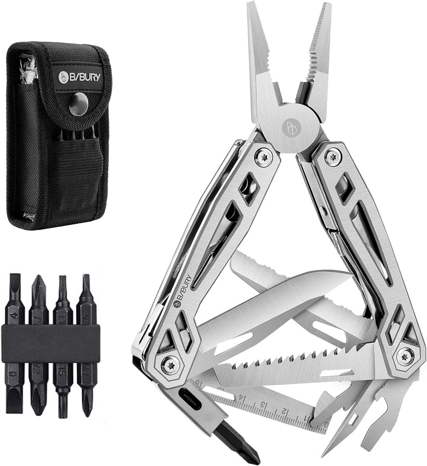 BIBURY 21-in-1 Multitool Pliers, Multi-Purpose Pocket 21 in 1 White, Silver