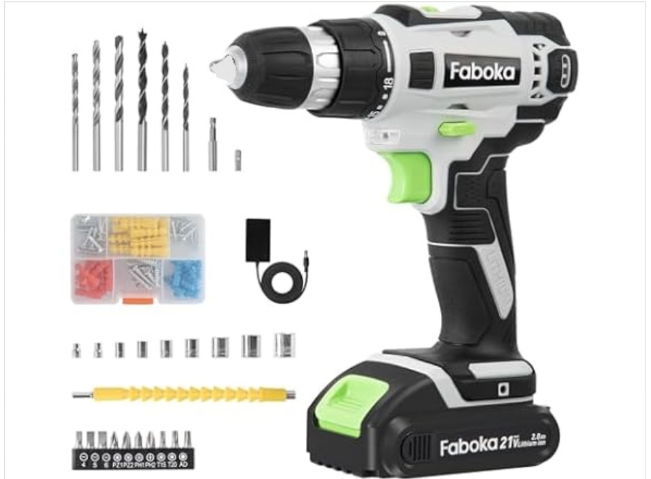 FABOKA 21V CORDLESS DRILL SET POWER DRILLS KIT 2X with  2.0AH BATTERY, NEW