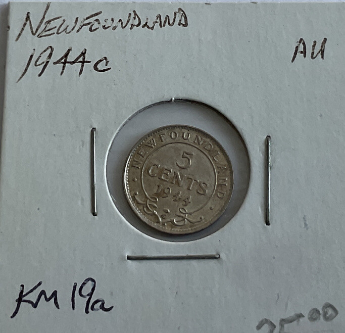 1944c Newfoundland 5 Cents Nice AU.   .925 Silver