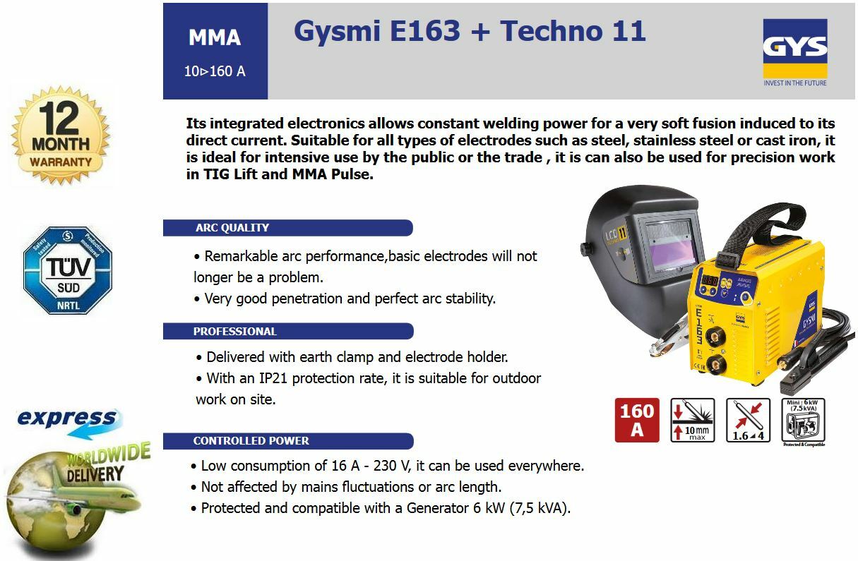 GYS MMA 160A INVERTER ELECTRODE STEELE IRON WELDING MACHINE + LCD 9/13 HELMET
