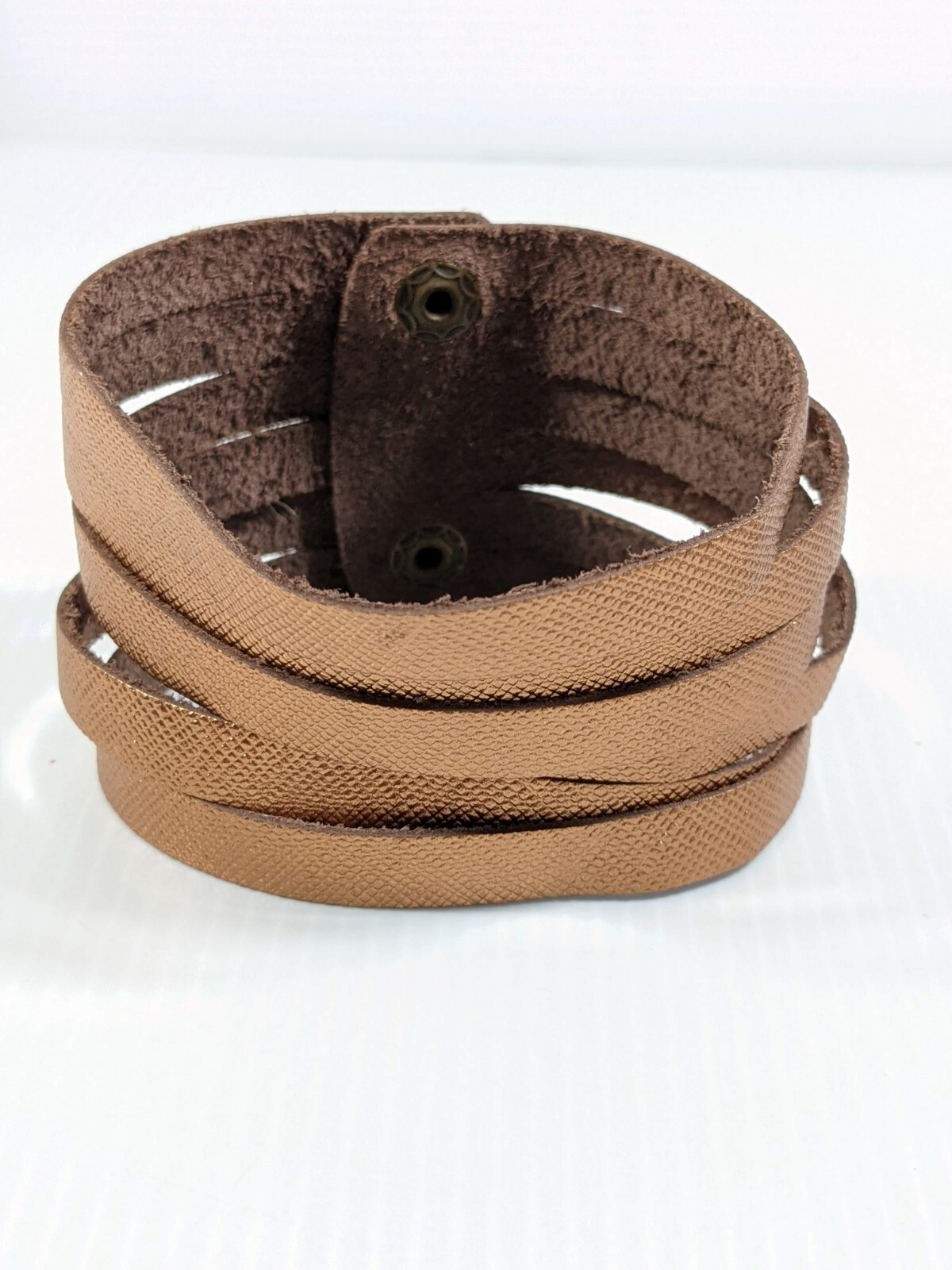 Artisan Bronze Tone Textured Brown Leather Cut Out Wide Band Snap Bracelet 8.5"