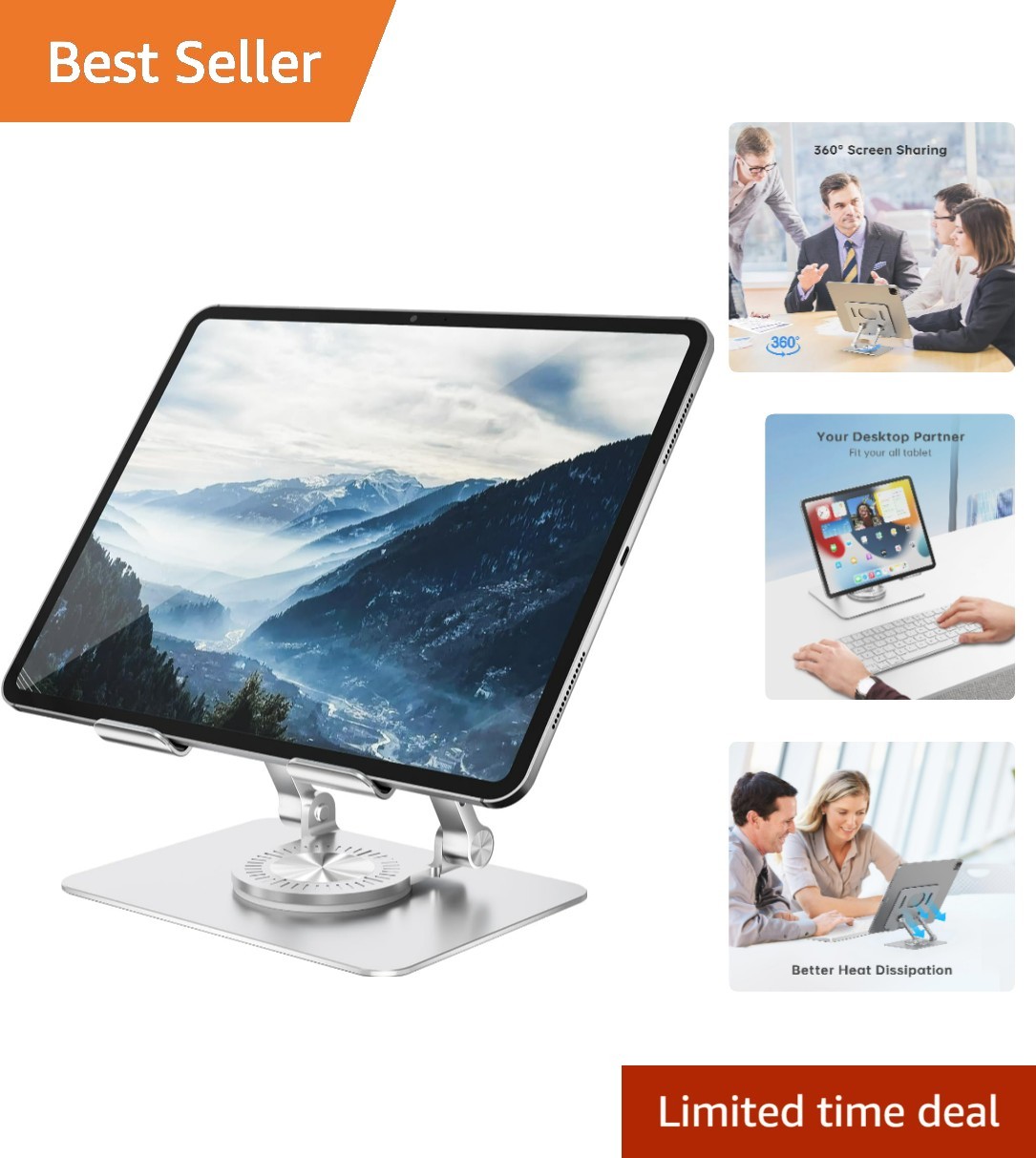 Hands-Free Adjustable Tablet Holder with 360° Rotation - Silver Aluminum Design
