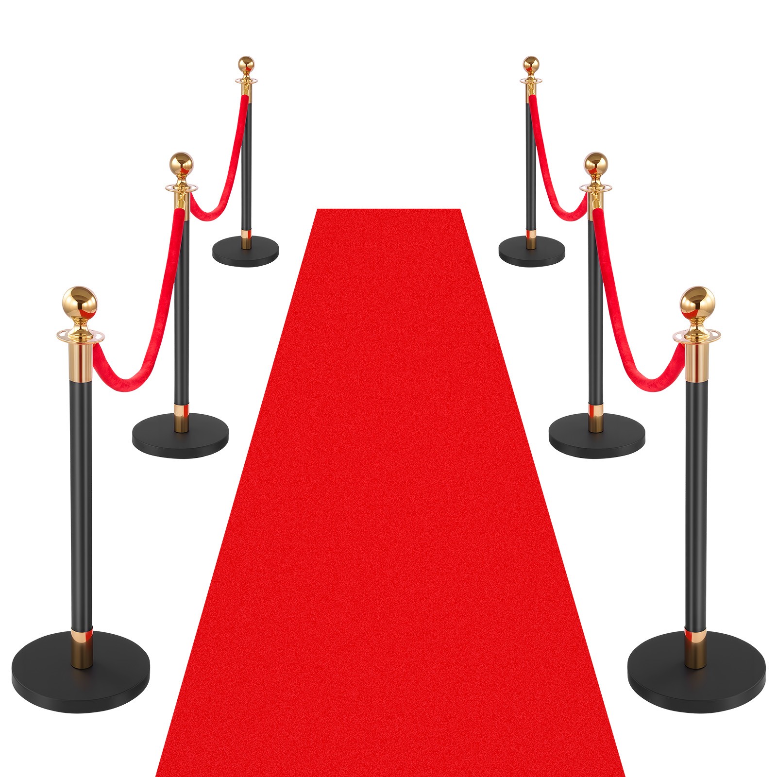VEVOR 6 Pcs Stanchion Post with Red Carpet & 4 Red Velvet Rope Hollow Base Black