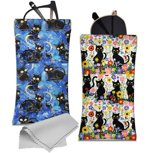 2 PCS Glasses Case Eyeglass Sunglasses Pouch Squeeze Portable Ah16-black Cat
