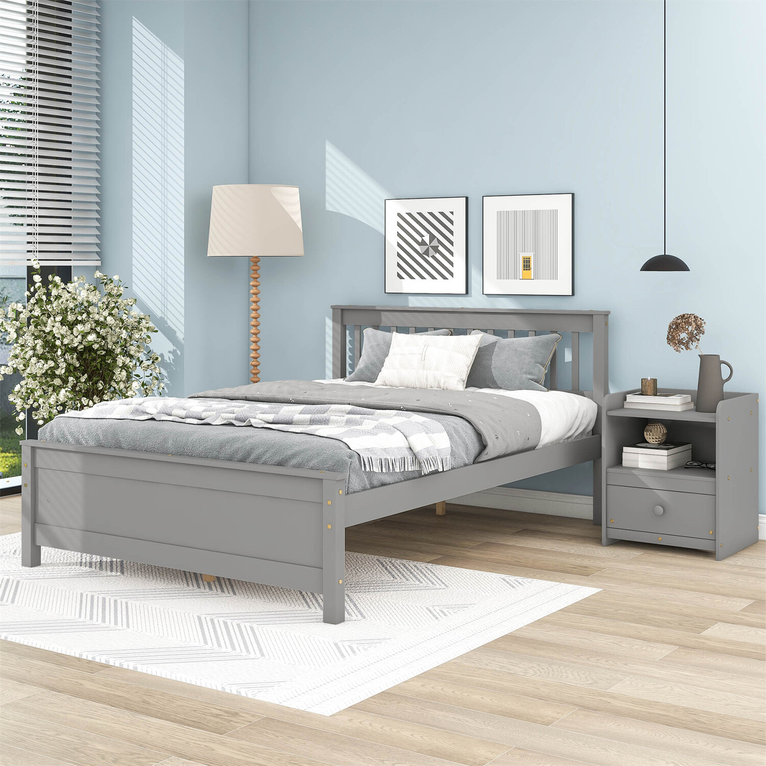 Full Size Bed Frame Wooden Platform Bed Frame with Headboard and Footboard