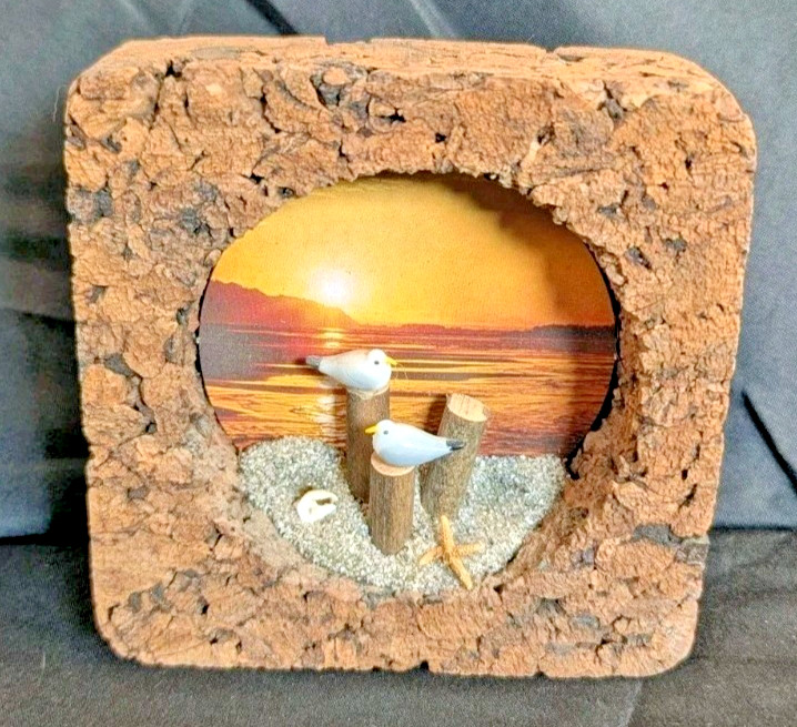 Vintage Nature Craft 70s Seagulls Beach Sunset Scene Cork Diorama Wall Art