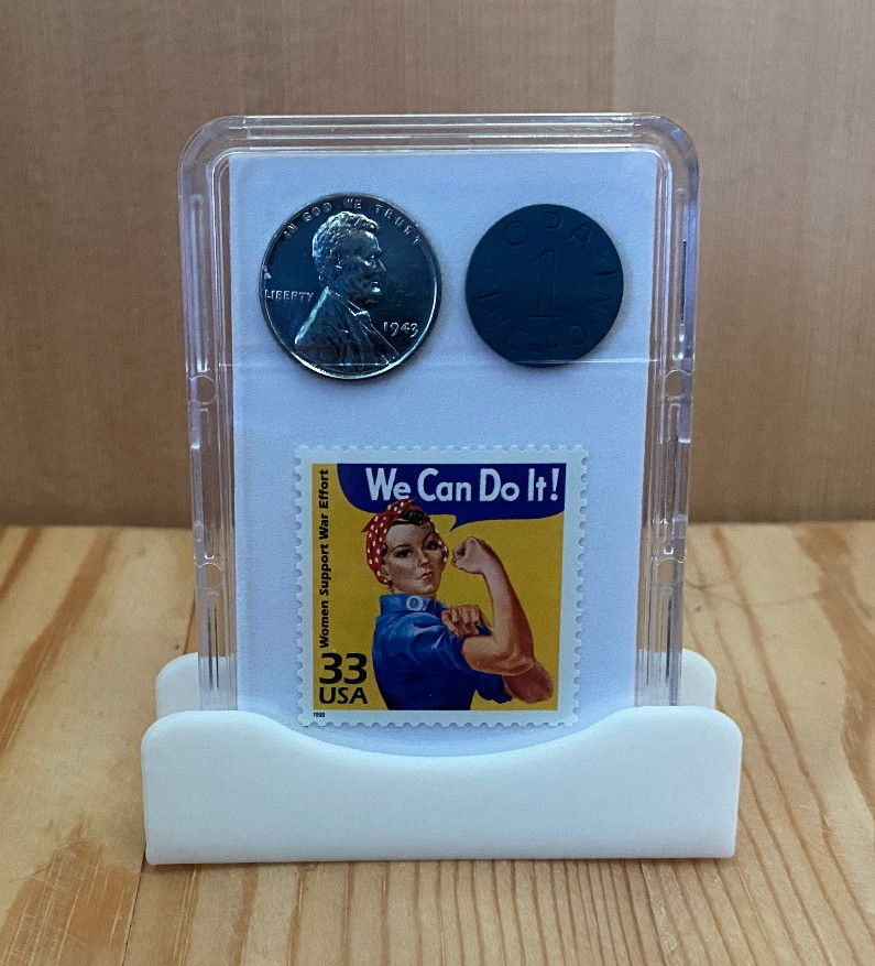 WWII US Coin & Stamp Set with 1943 Steel Penny, War Token and Rosie the Riveter