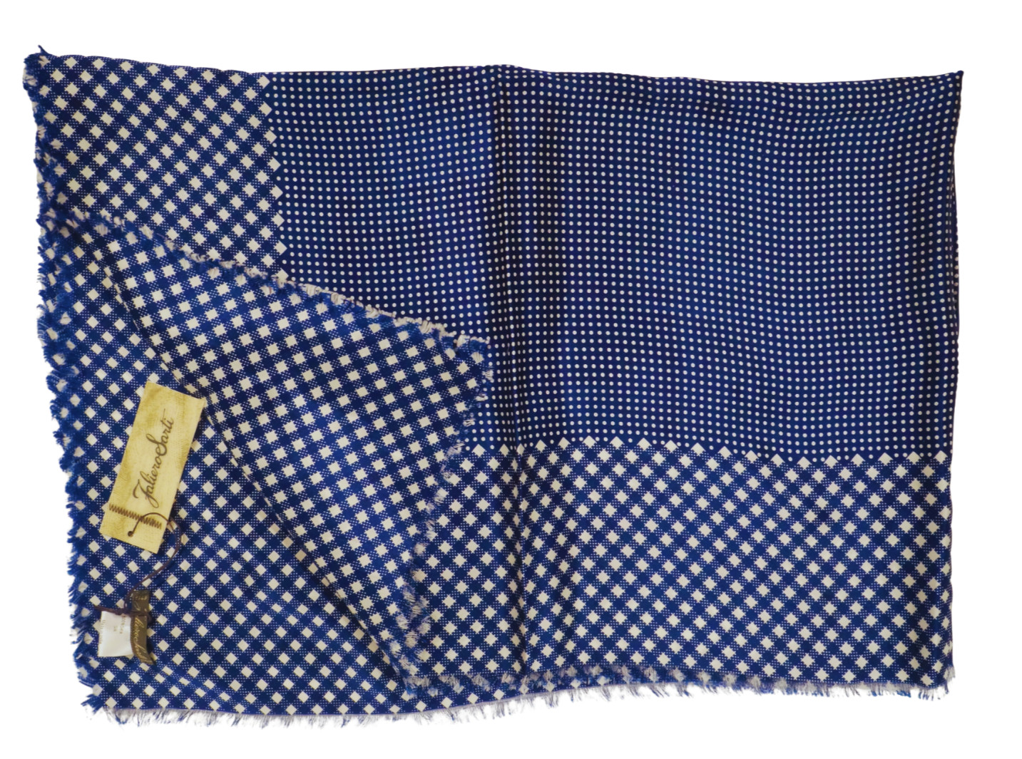 NWT FALERIO SARTI Navy & White Polka Dots w Check Print Silk Scarf 36"x36"