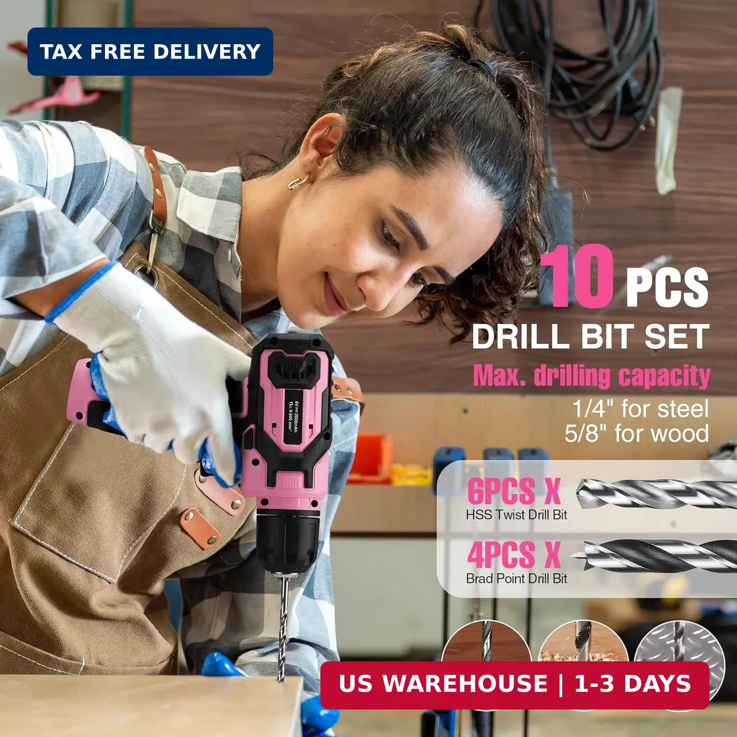 Pink Power Drill Set and Stackable Tool Box, 8V Cordless Drill Driver wi