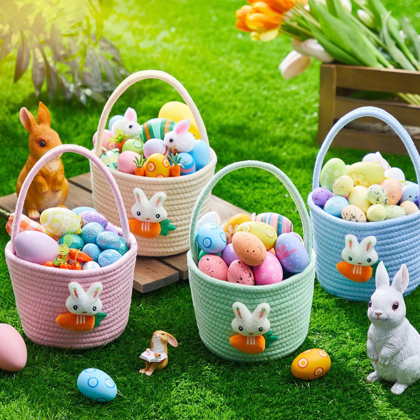 1 Pcs Empty Easter Basket for Eggs Hunt Small Bunny Basket with Handle Soft C...