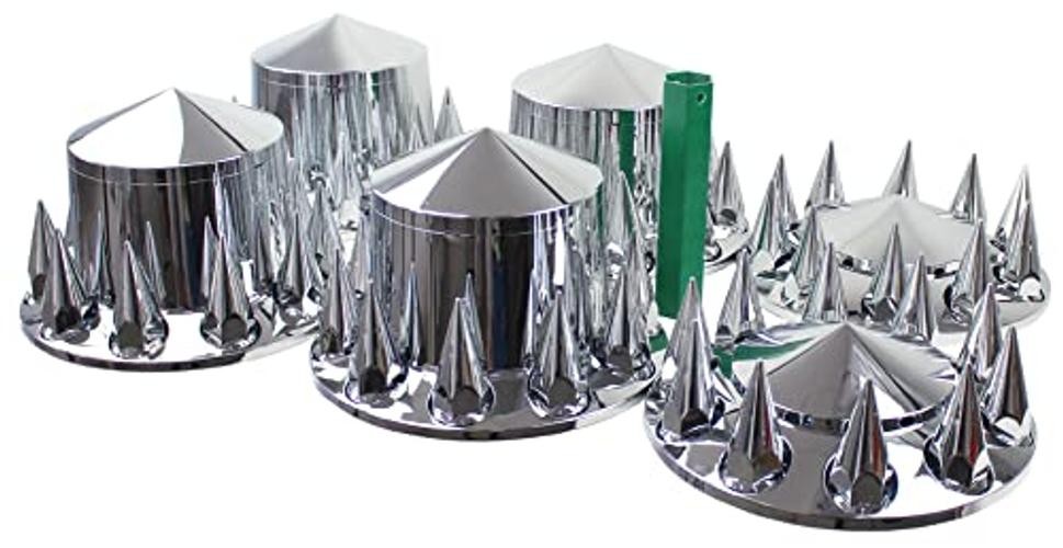 Chrome ABS 33 mm Thread-On Spiked Axle Cover Combo Kit with Removable Hub Caps