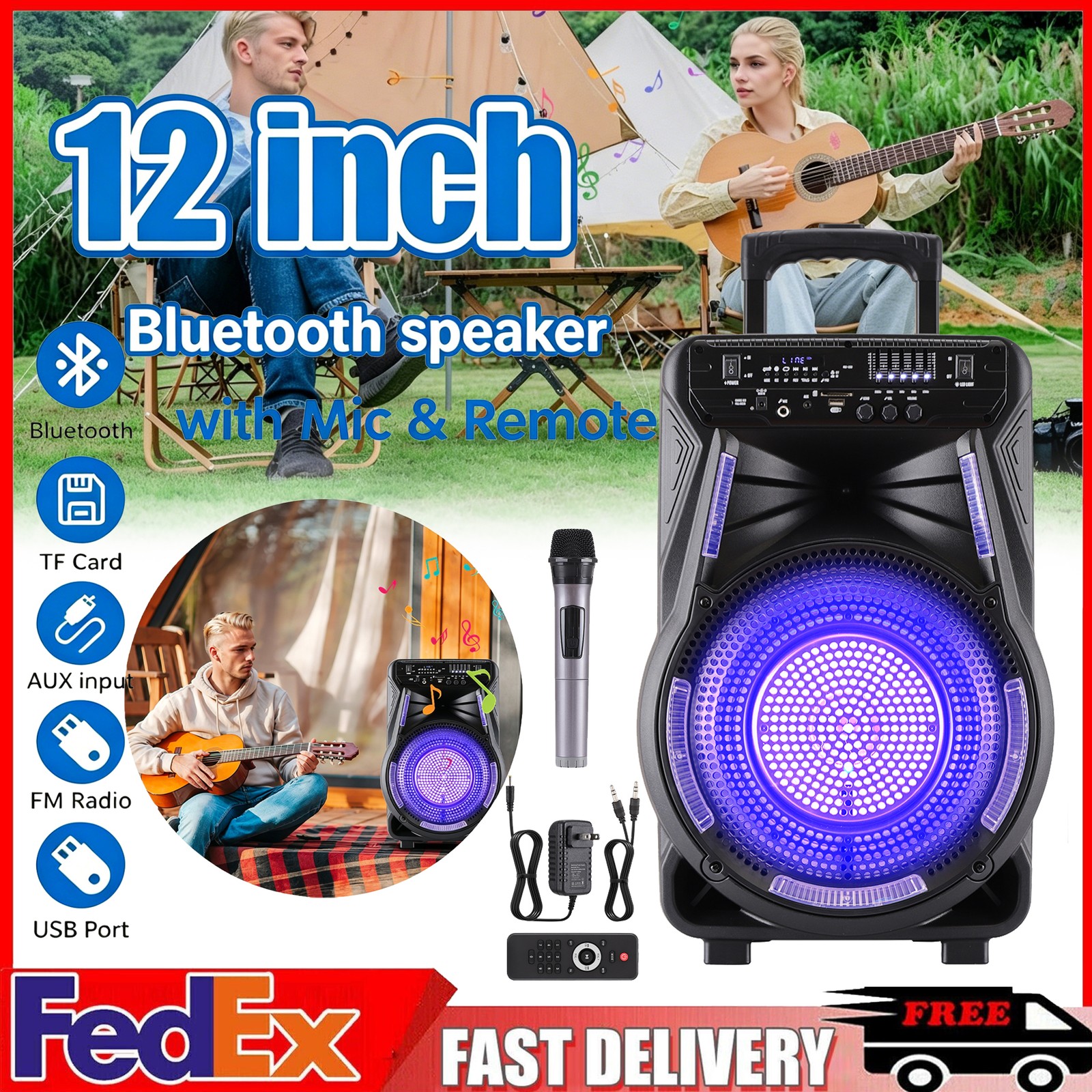 12" Portable Bluetooth Party Speaker, w/ LED Lights, Mic Input, FM, USB,SD & AUX