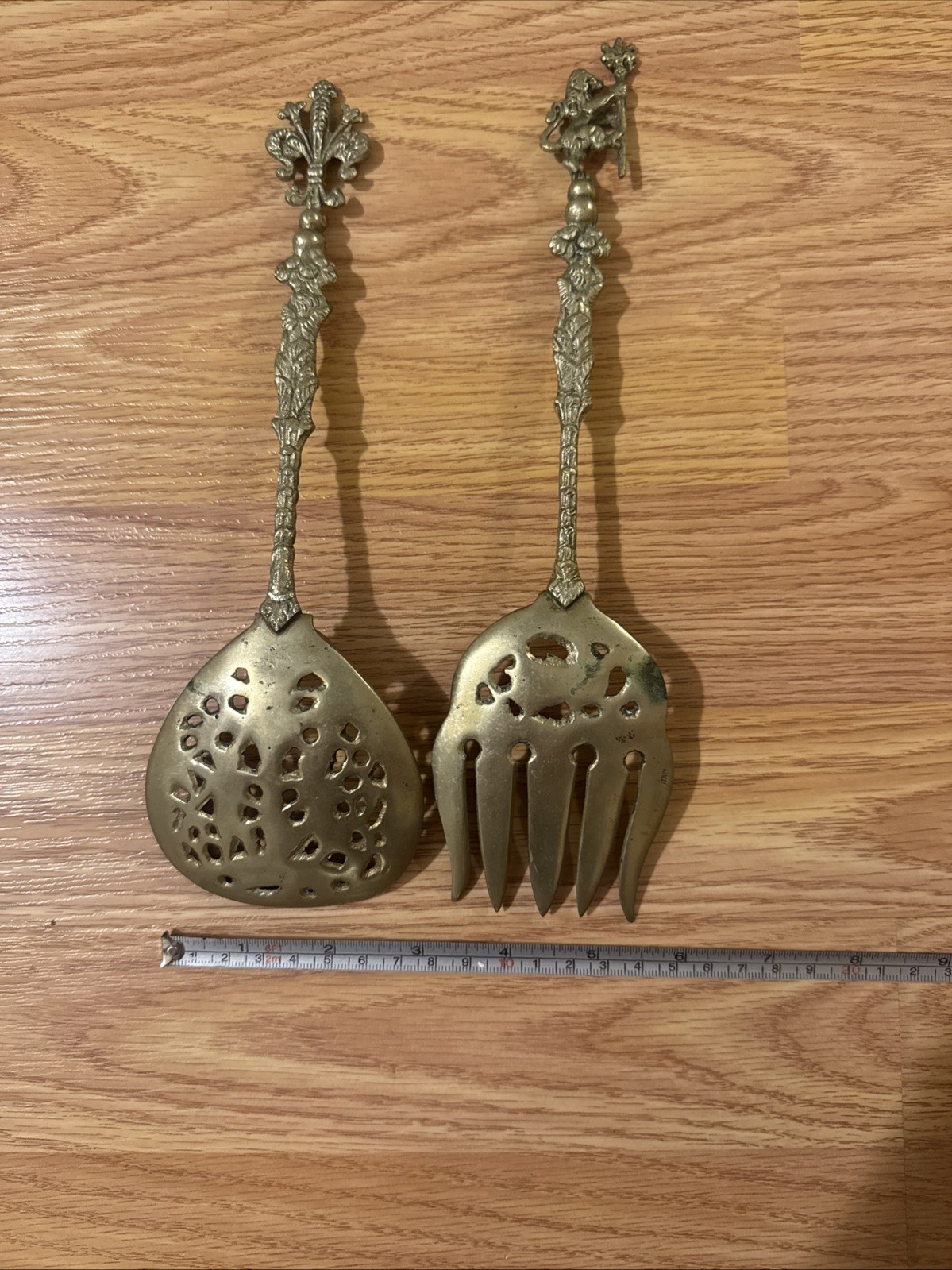 Ornate Brass Serving Spoon Fork Set Italy Cherub Design