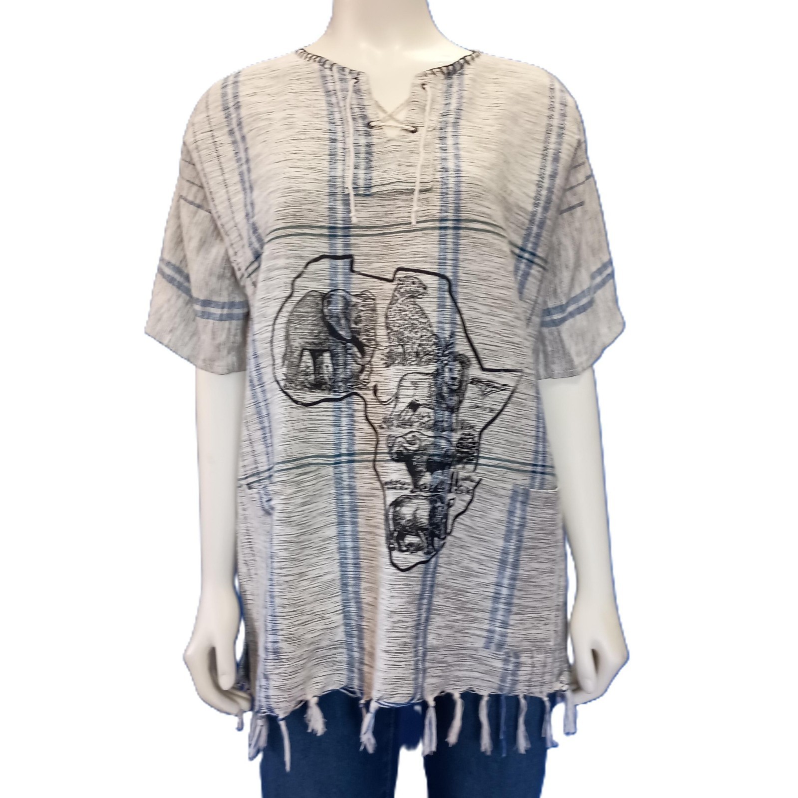 African Kikoy Shirt Unisex Medium Africa Animals Beige Blue Woven Cotton Fringed