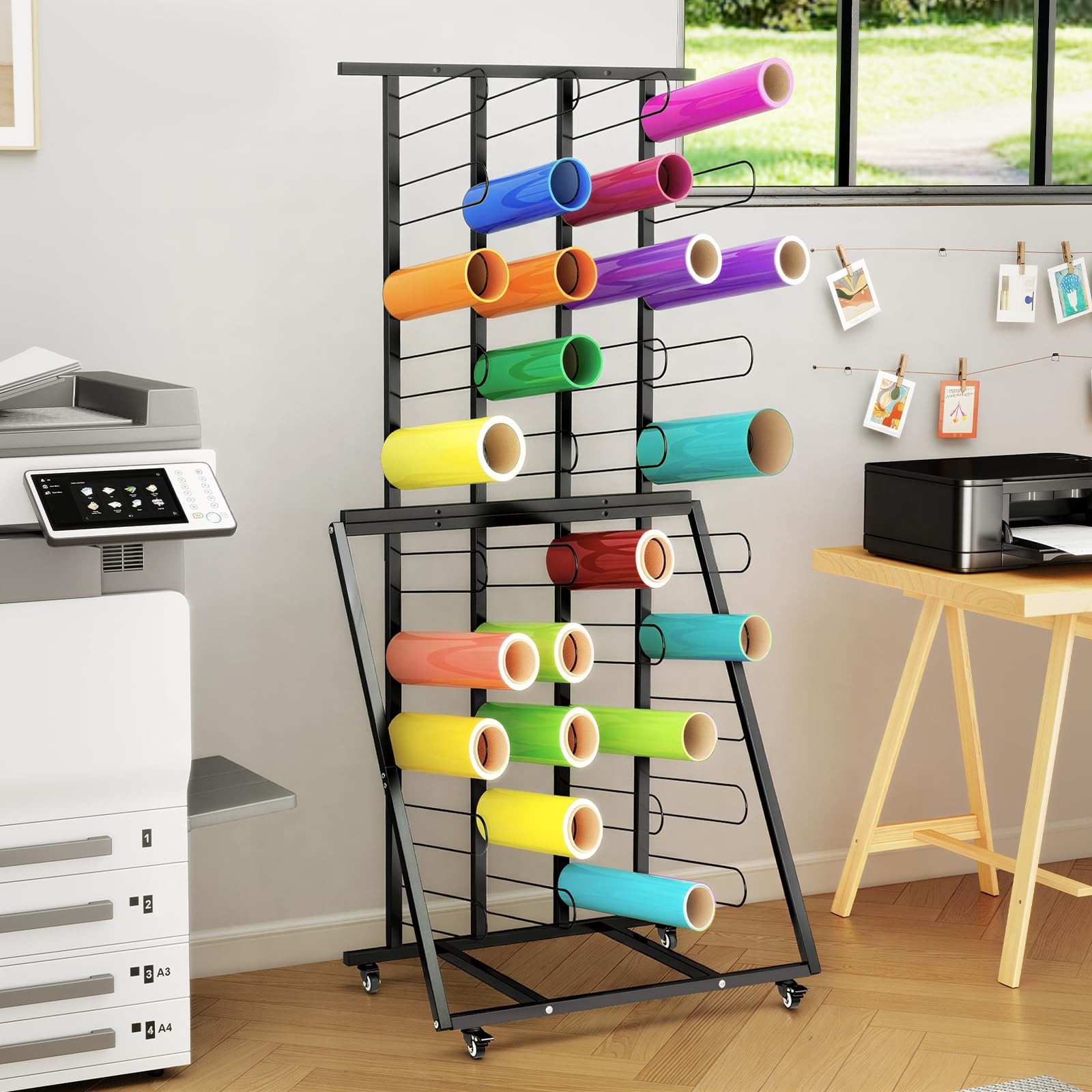 Floor Vinyl Roll Holder, Rolling Vinyl Roll Storage Rack, 40 Rolls Vinyl Roll...