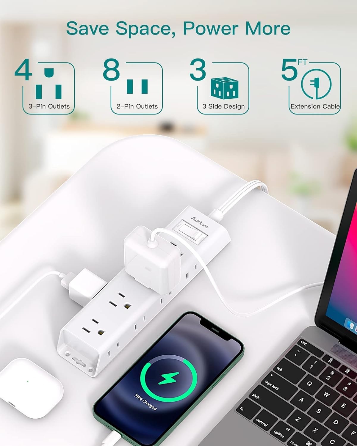 Compact 12-Outlet Flat Plug Power Strip, Wall Mountable with 3 USB Ports