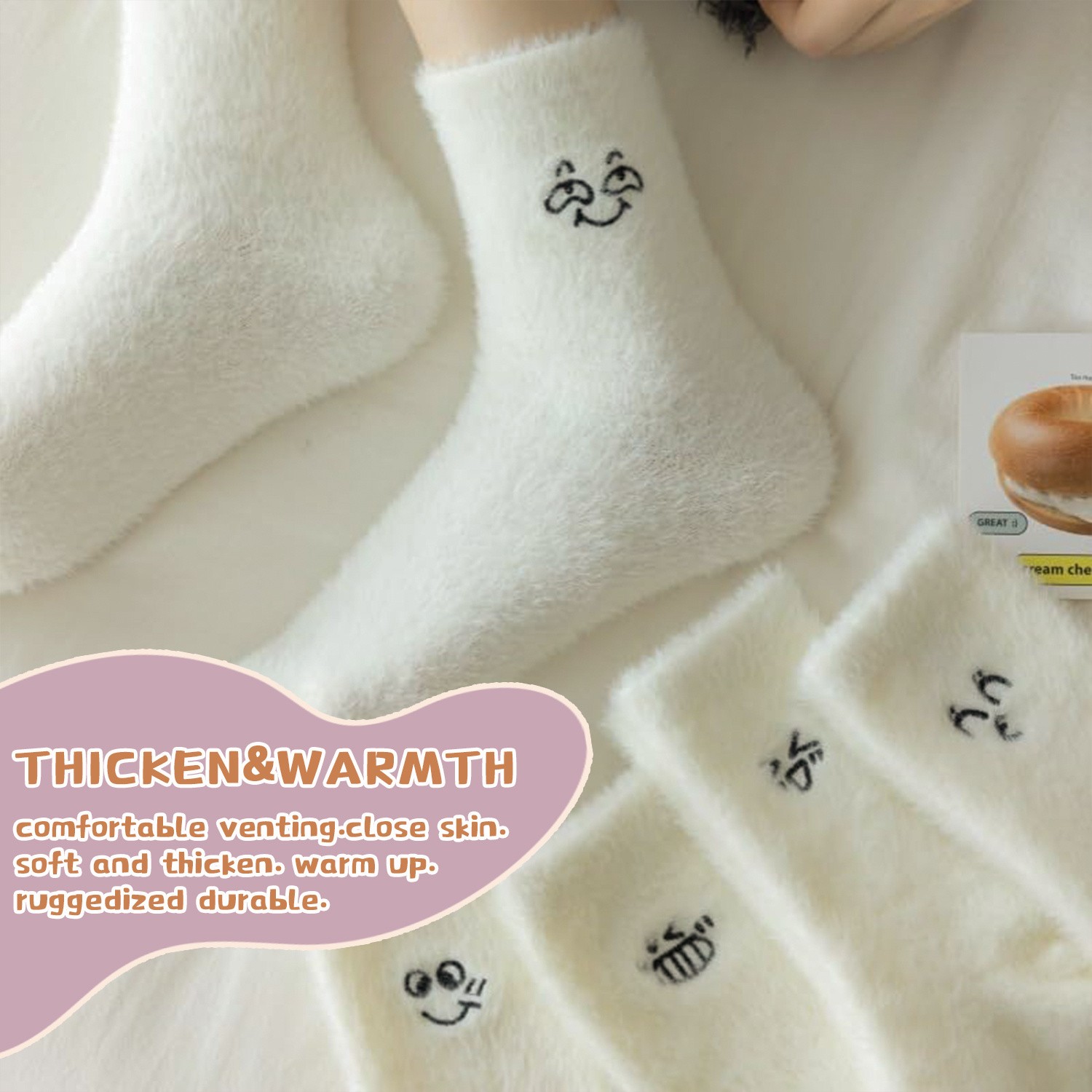 Ultra Soft Fluffy Winter Socks 5 Pairs, Cute Embroidery Novelty Socks for Women
