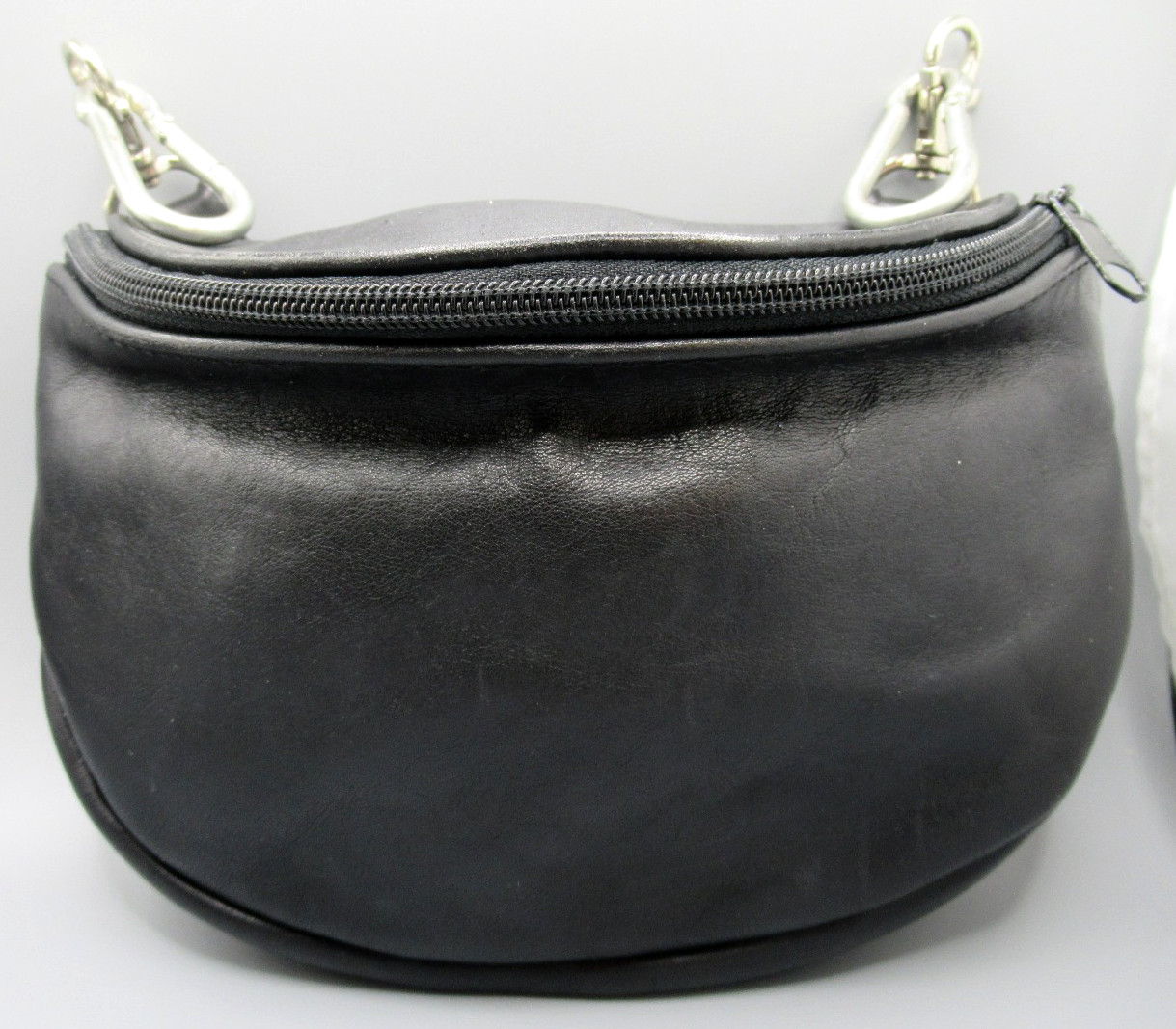 Zippered Black Leather Pouch For Motorcycle w/ Spring Clasps & Carabiners