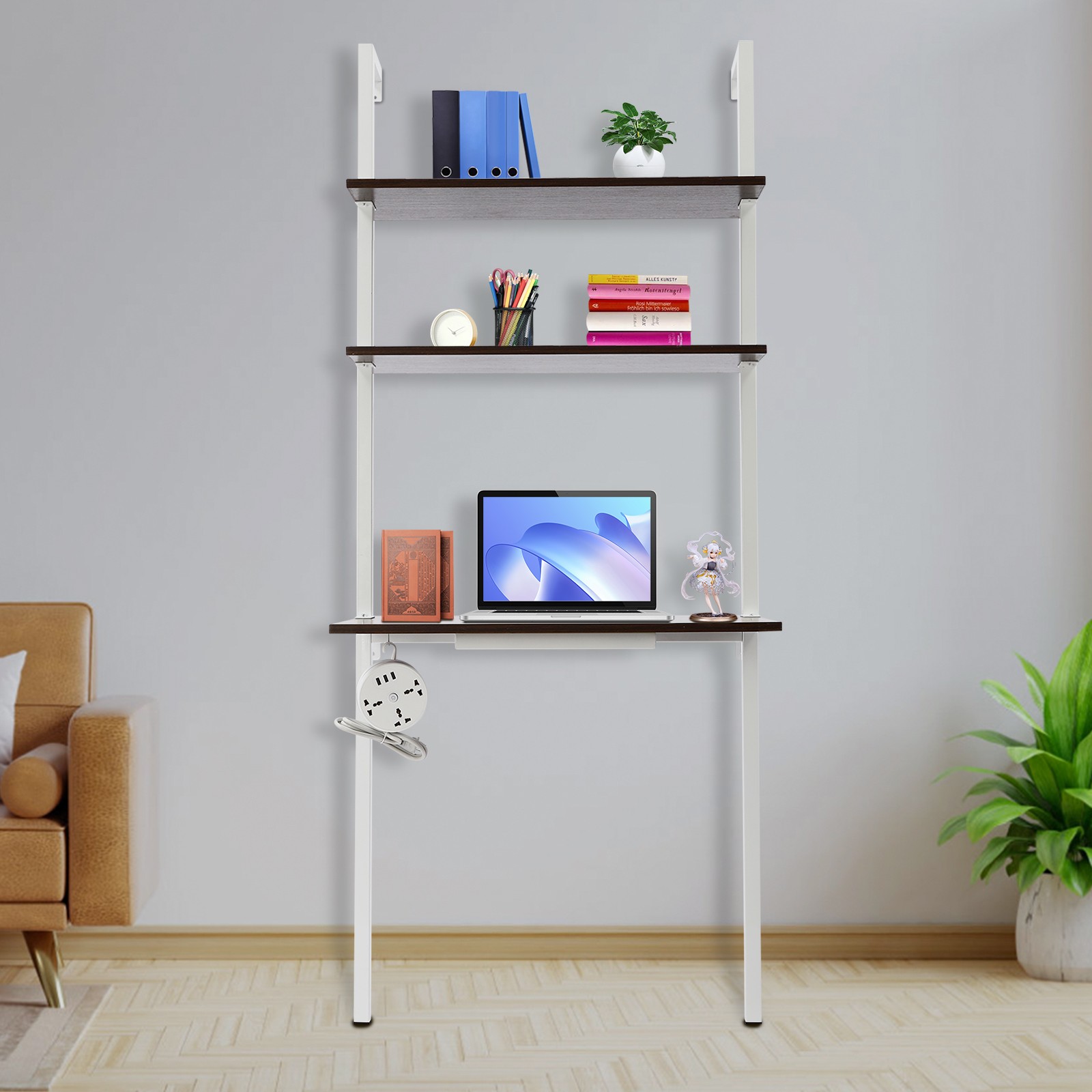 3 Tiers Computer Desk Wall Mounted Storage Shelf 72.5" Work Table W/ Power Strip