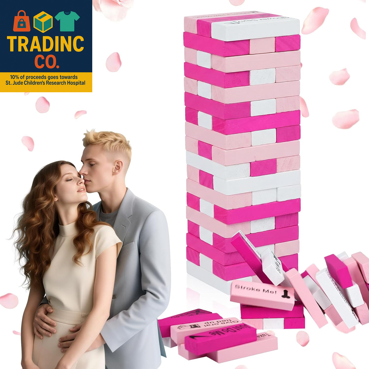 54Pcs Pink Wooden Lust Tower Game | Adults Couple Game for Naughty Date Night Id