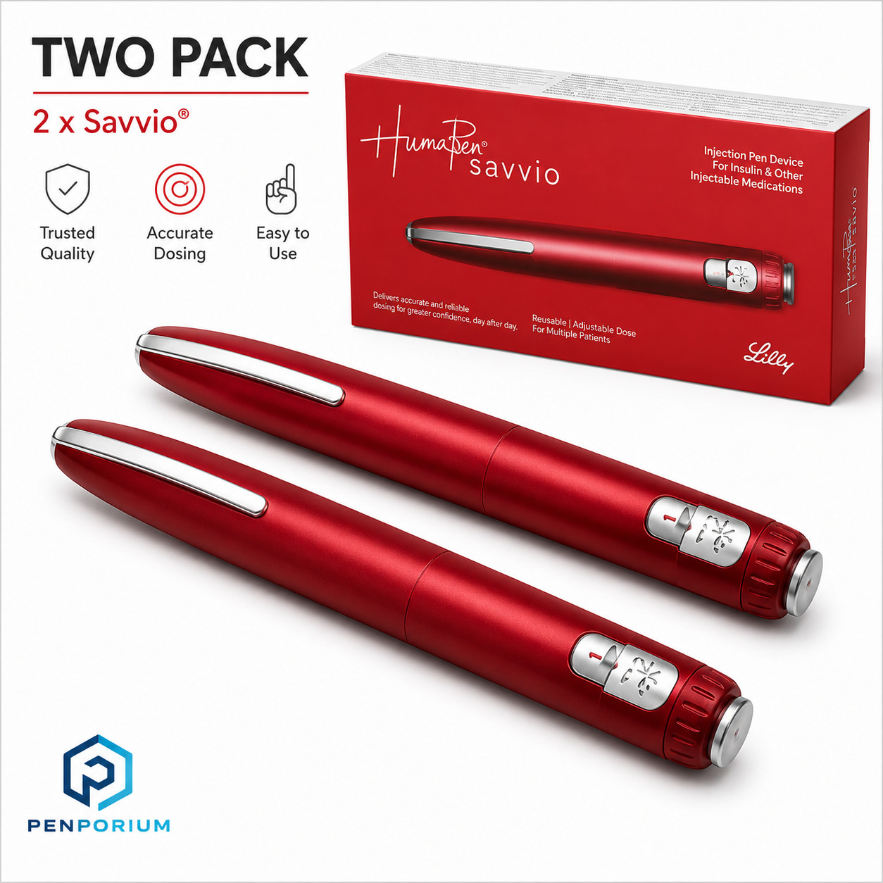 2 Pack HumaPen Savvio Delivery Devices | Case | Reusable | Red | Fast Ship