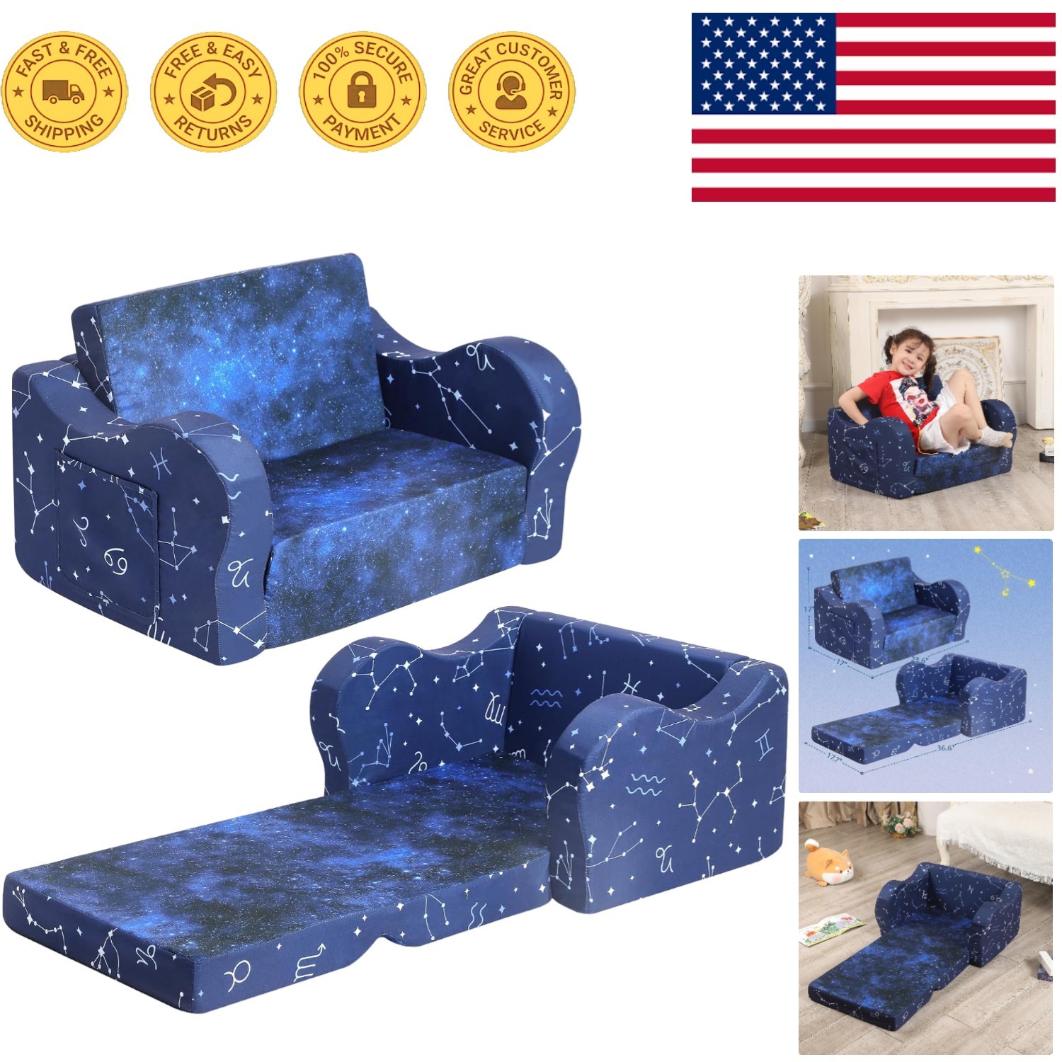 Kids Sofa - 2-in-1 Flip-Out Foam Couch, Blue, Cozy Lounge Chair for Toddlers