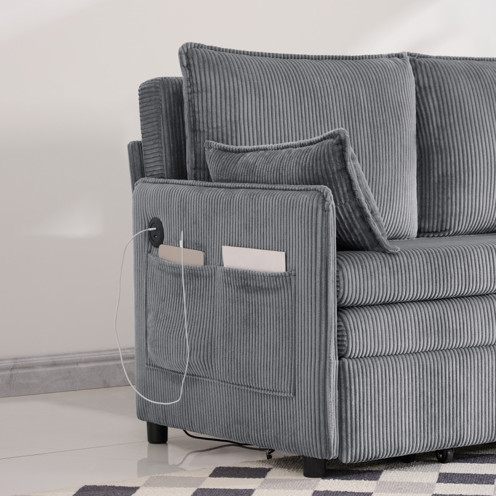 55" Convertible Sofa Bed w/ USB Ports & Storage, Grey Corduroy, Twin Size