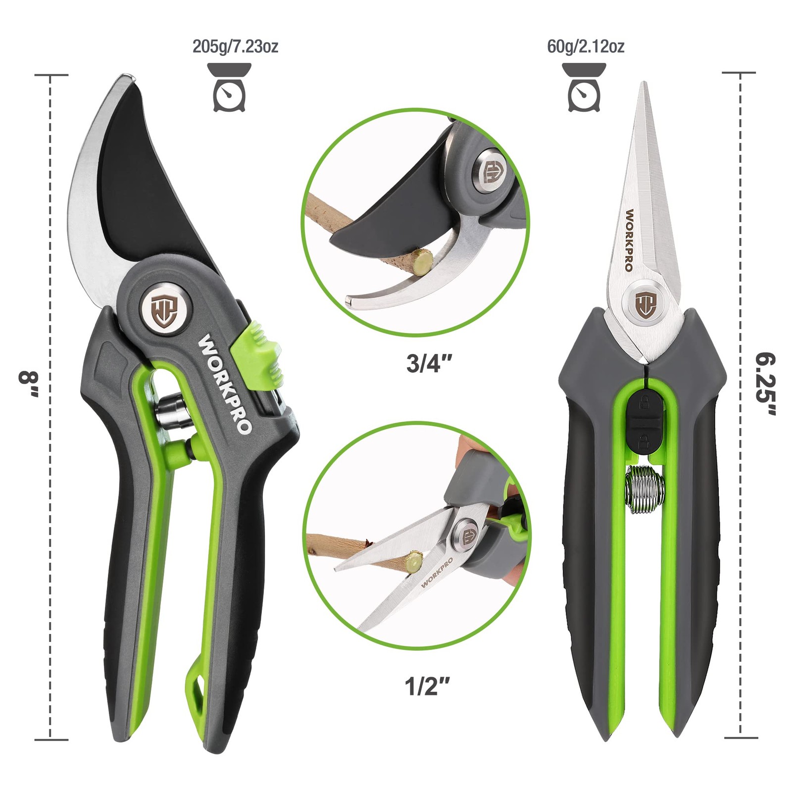 WORKPRO Garden Pruning Shears 2 Pack, 8" Bypass Green, Grey, Black