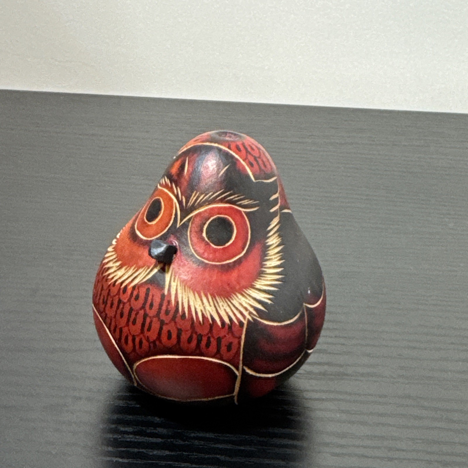 Lucuma RED OWL Natural Gourd Hand Carved PERU Folk Art Rattle 3.25 Inches