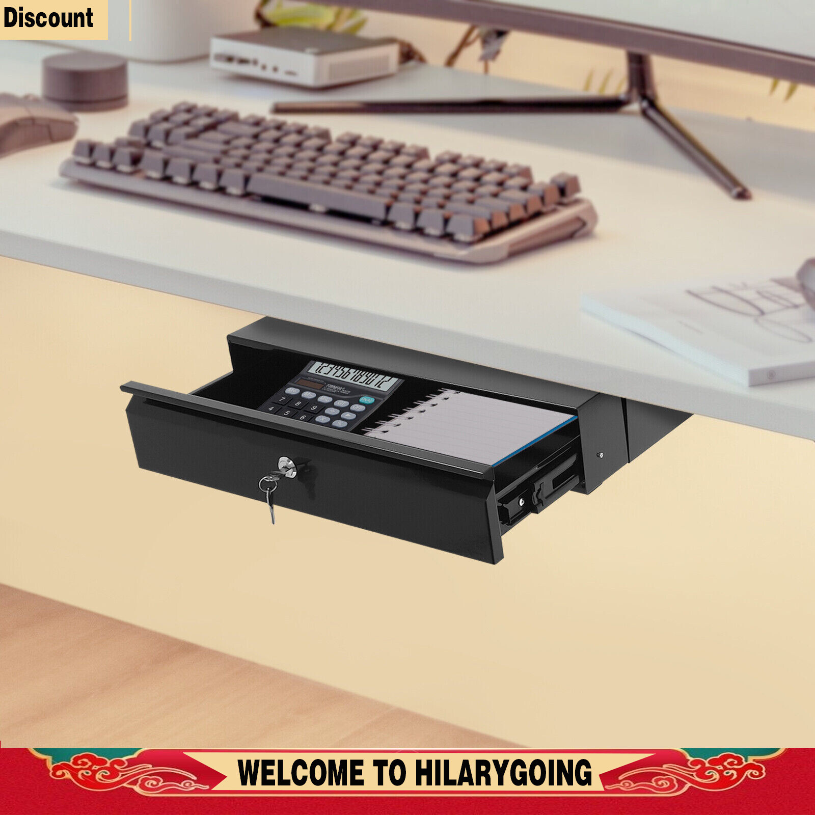 Slide Out Cabinet Drawer Pull Out Under Desk Drawer For Office With Lock Black