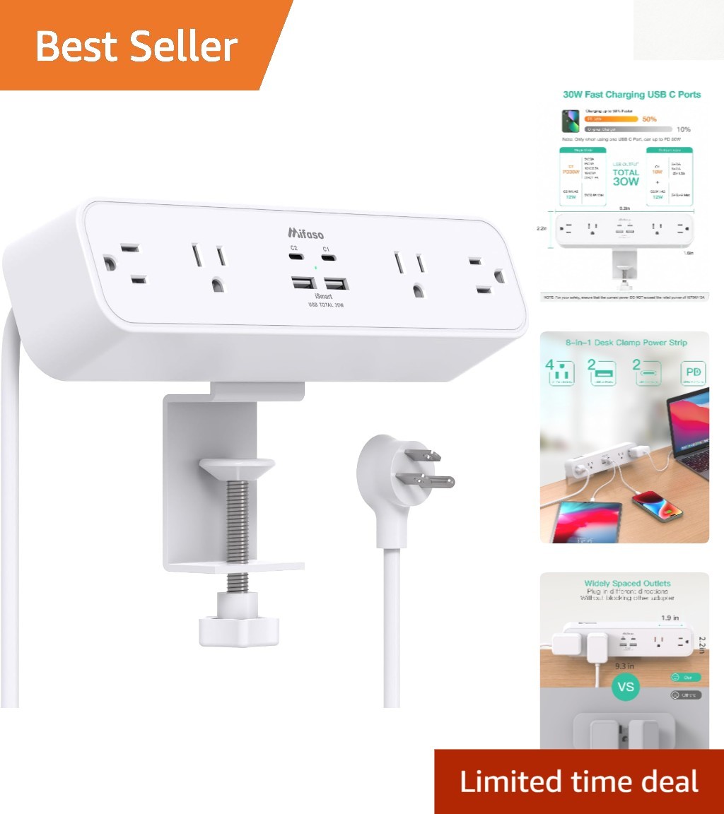 Surge-Protected Desk Clamp Power Strip: 8 Outlets & Fast Charging for Devices