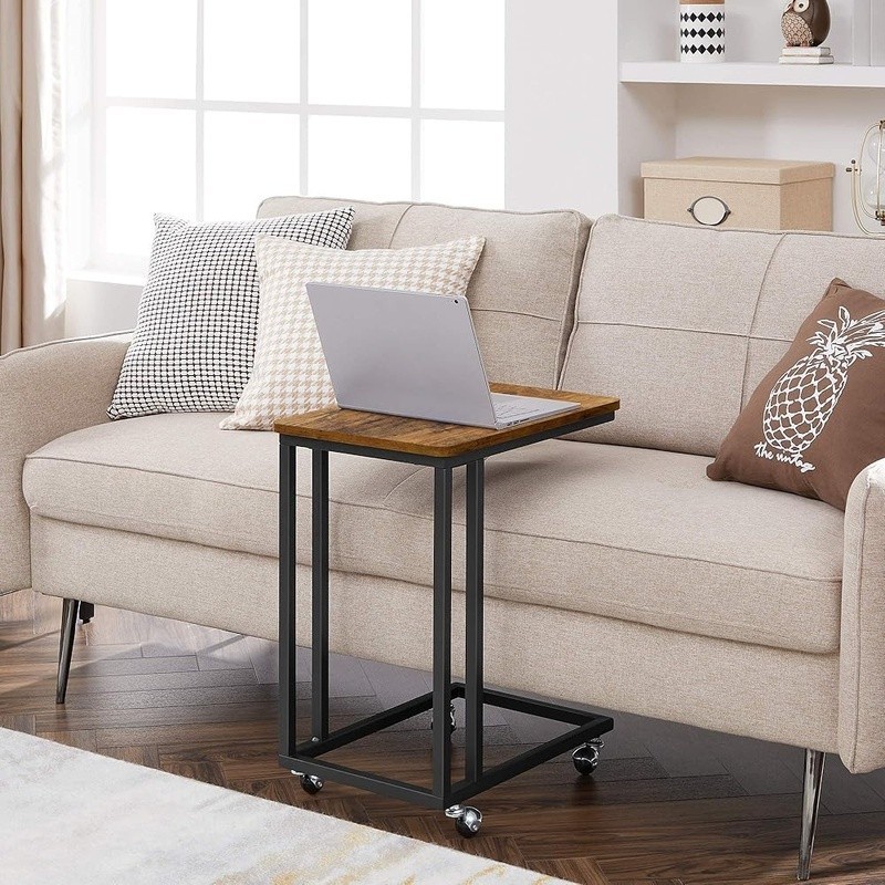 C Shaped End Table W/ Wheels Sturdy Laptop Sofa Side Table Adjustable Feet New