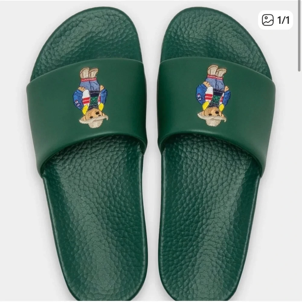 Polo by Ralph Lauren Green Slide Sandals with Cowboy Bear Embroidered Size 13