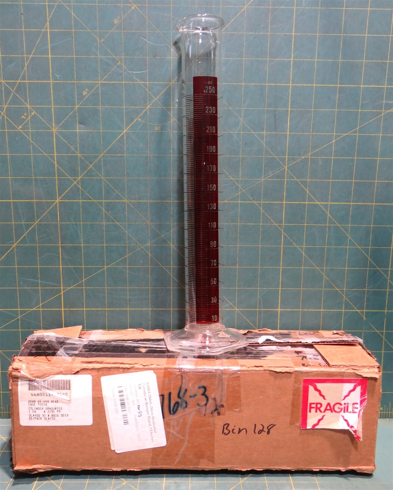 KIMAX 250mL Glass Graduated Cylinder w/ Bumper Guard, 13" Tall, 1.42" ID