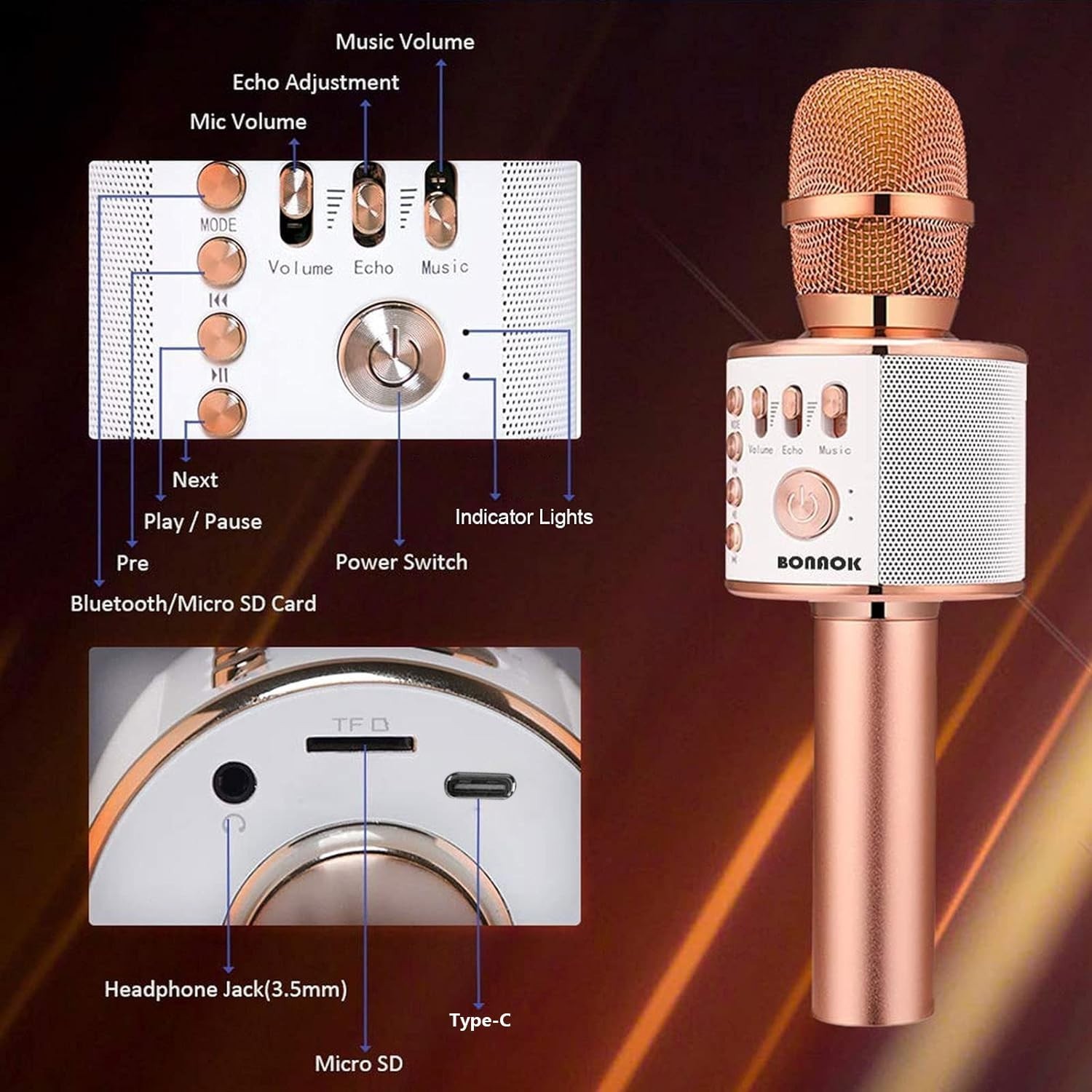 Bluetooth Karaoke Microphone for Home Parties - Unidirectional Handheld Design