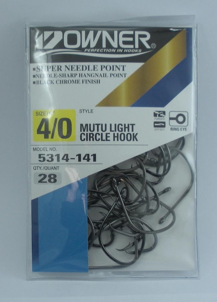 Owner 5314-141 Mutu Light Circle Hook Offset Hangnail Point Blk Chr Sz 4/0 28Ct