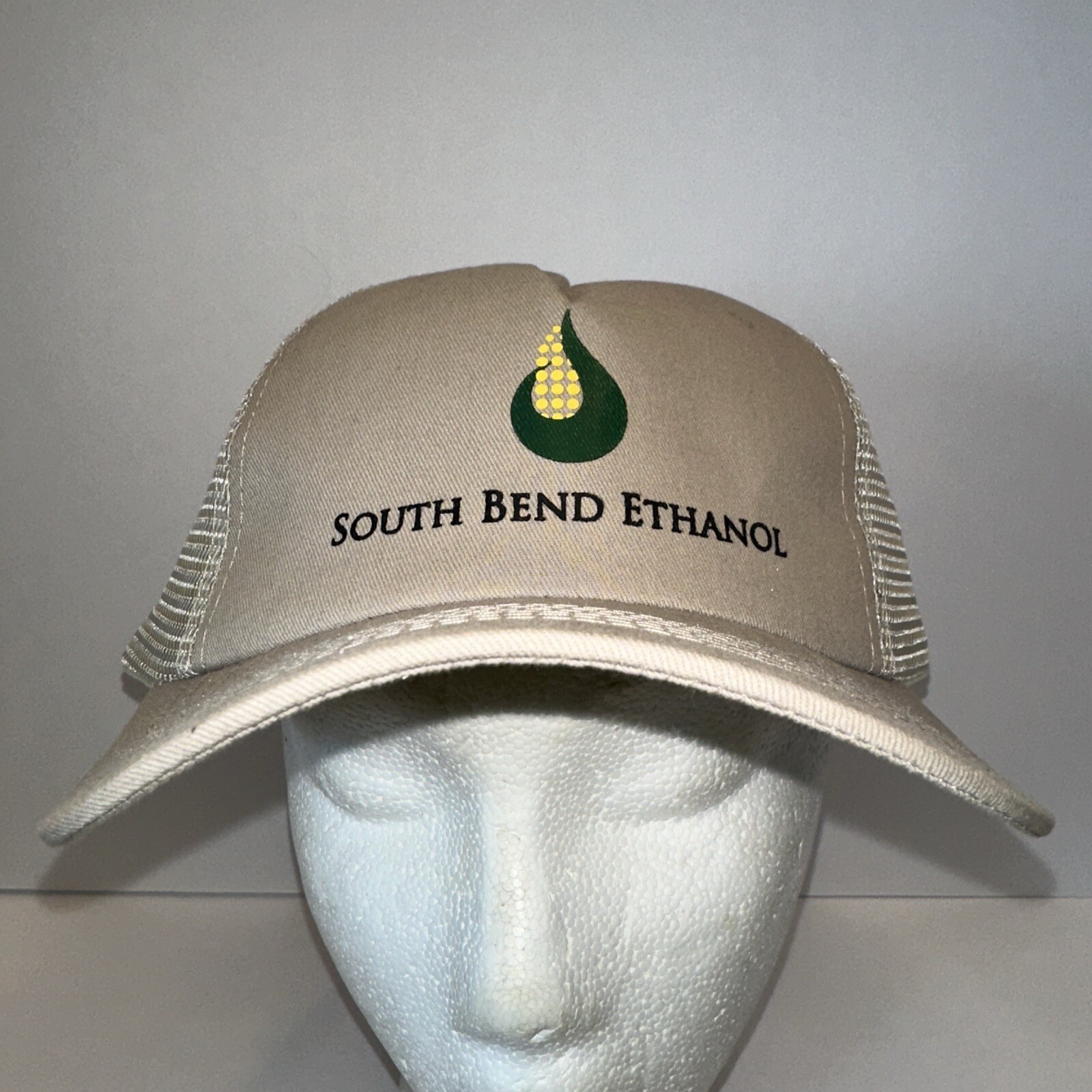South Bend Ethanol Trucker Hat Cap Tan Fabric Cream Mesh Stamped Logo Snapback
