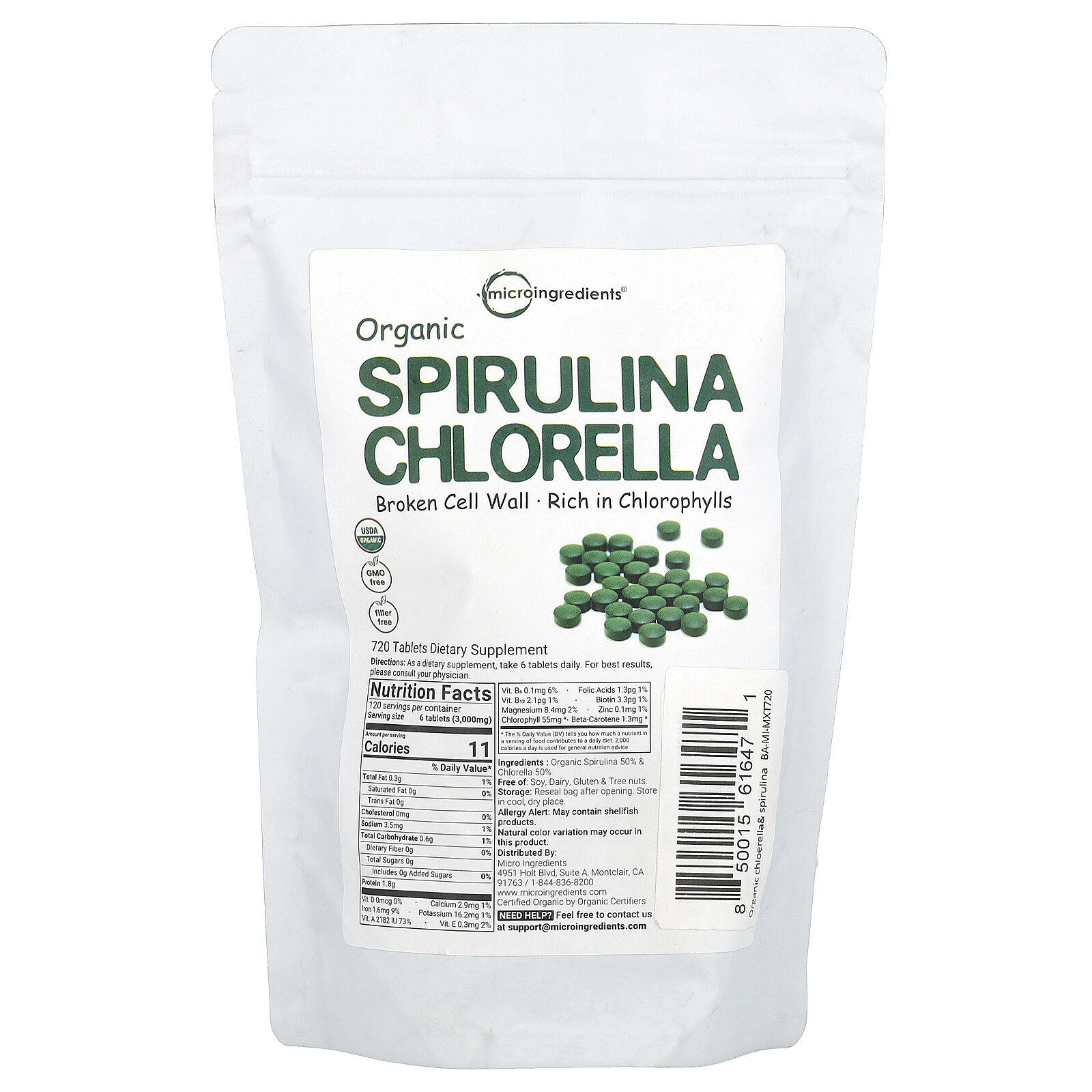 Organic Spirulina Chlorella, 720 Tablets