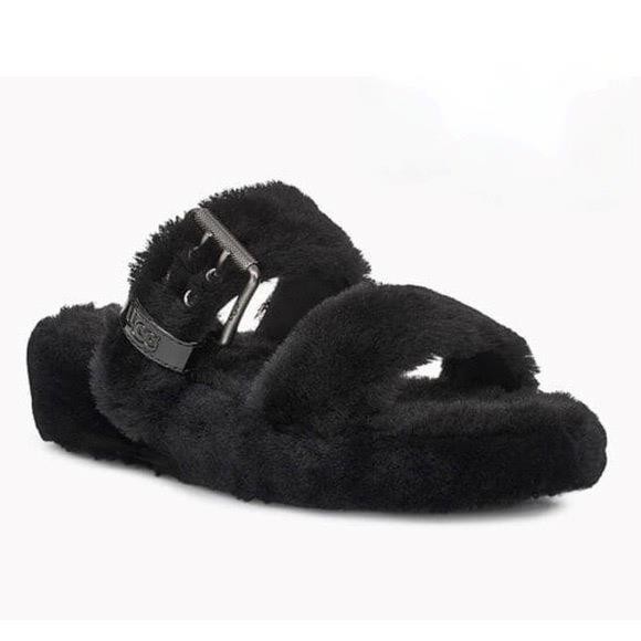 New NIB Ugg Fuzz Yeah Black Shearling Sheepskin Slipper Sandals Slides Women