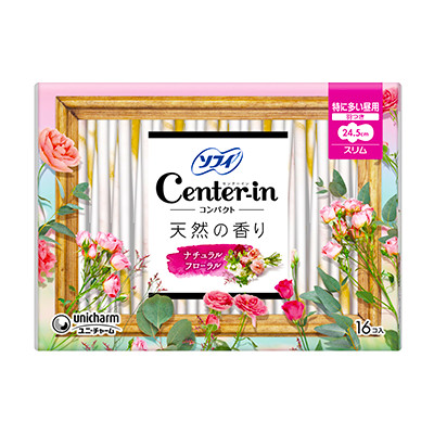 Unicharm Sofy Center-in Compact 1/2 Winged Pads 24.5cm 16pc - Natural Floral