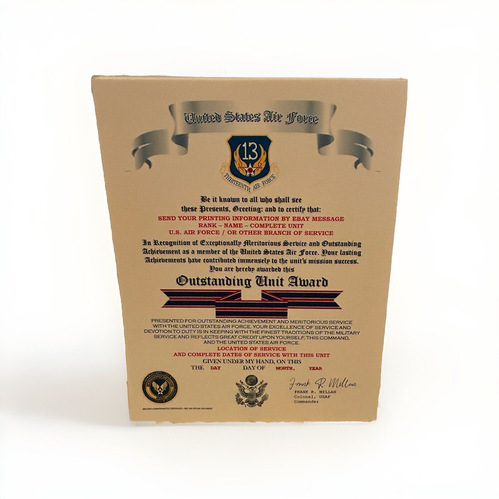 U.S. AIR FORCE / THIRTEENTH AIR FORCE - OUTSTANDING UNIT AWARD CERTIFICATE